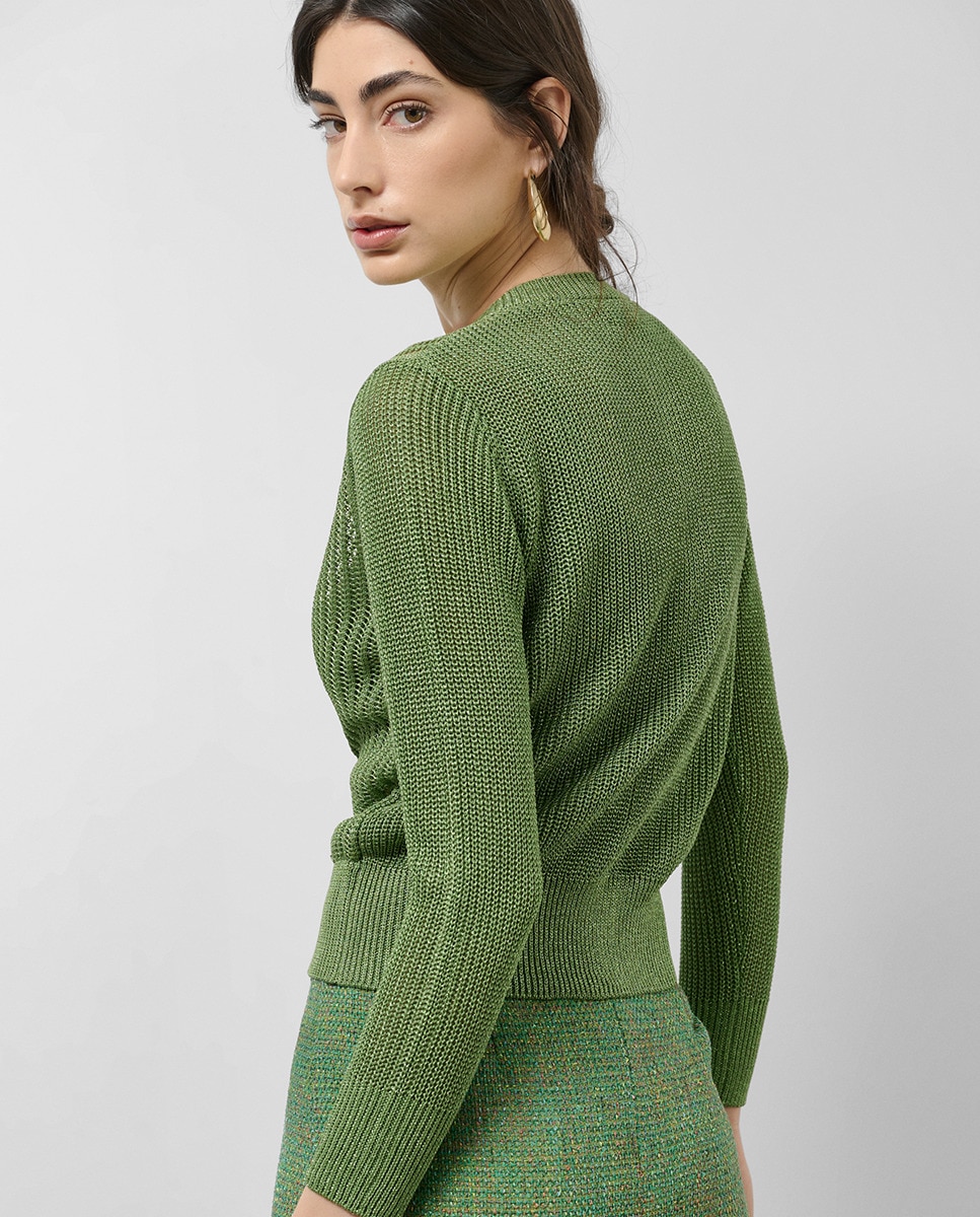 Cardigan de Malha Rendilhada com Fio Metalizado Verde-2