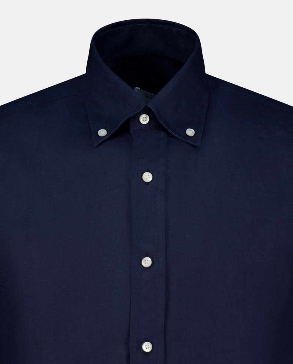 Camisa Casual Lisa de Linho com Manga Comprida Azul-marinho-5