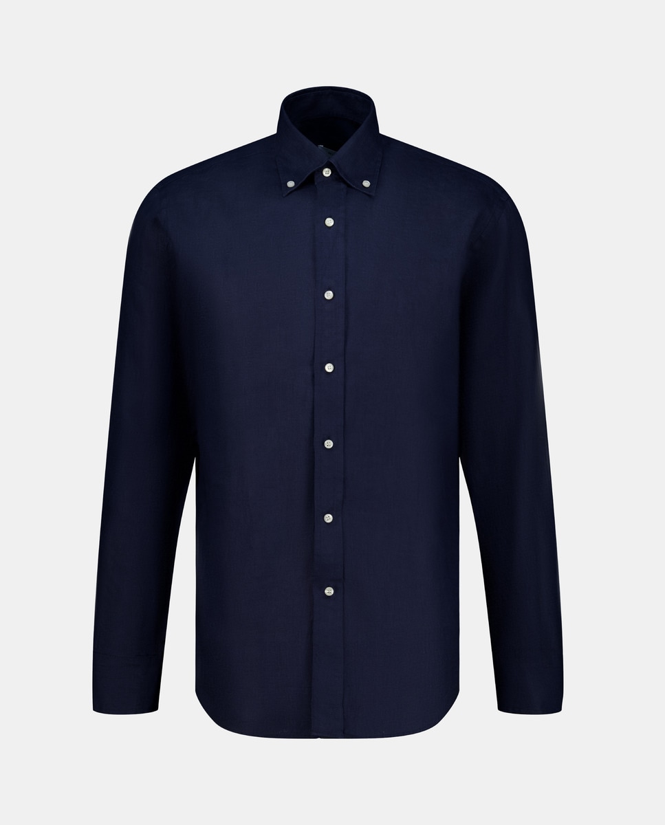 Camisa Casual Lisa de Linho com Manga Comprida Azul-marinho-4