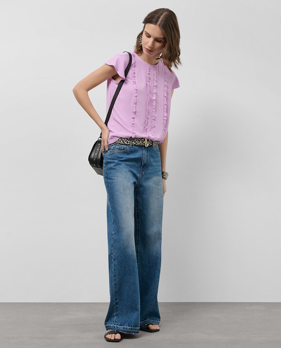 Blusa de Manga Curta com Mini Folhos à Frente Rosa-claro-5