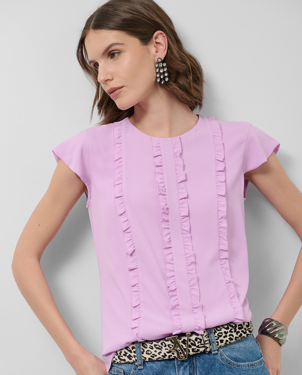 Blusa de Manga Curta com Mini Folhos à Frente Rosa-claro-1