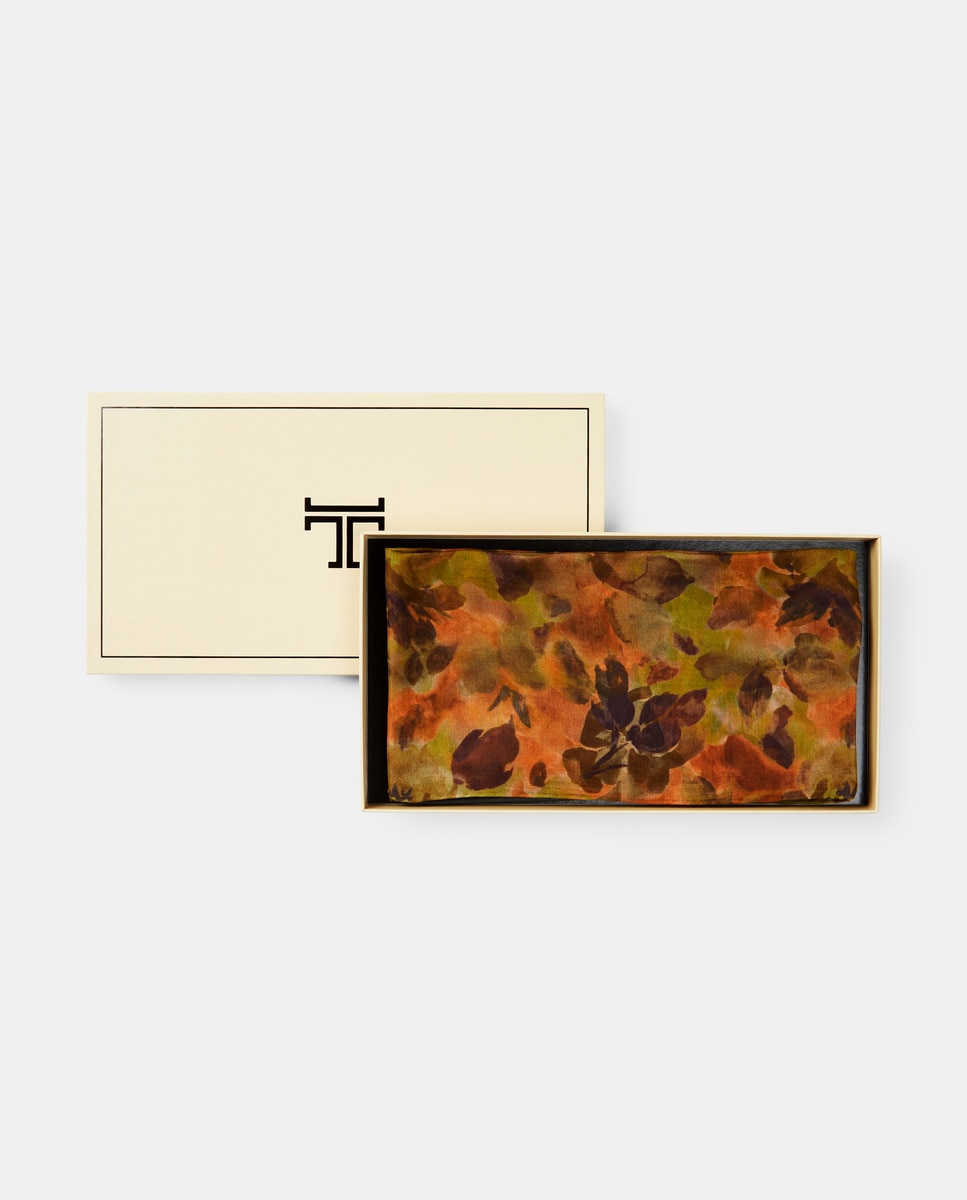 Écharpe de Festa de Chiffon e Seda com Estampado Floral Esfumado Toffee-1