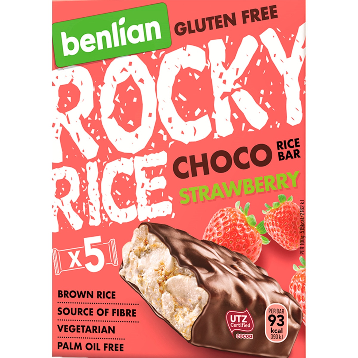 Barritas de Arroz, Chocolate e Morango Pack 5 unidades embalagem 90 g