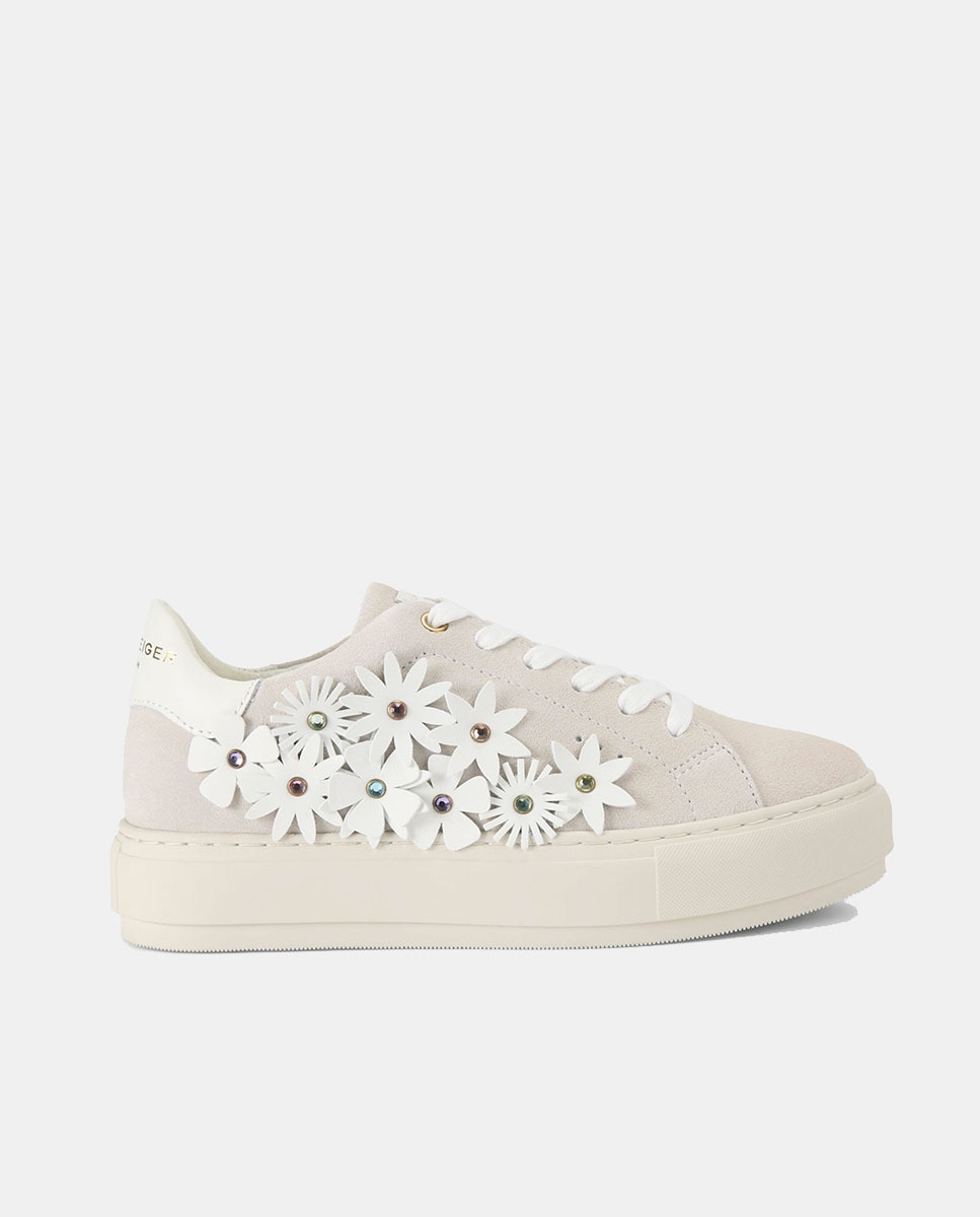 Sapatilhas em Pele com Flores Branco Osso-1