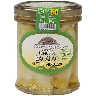 lomos de bacalao en aceite de oliva tarro 100 g neto escurrido - Costa Vasca