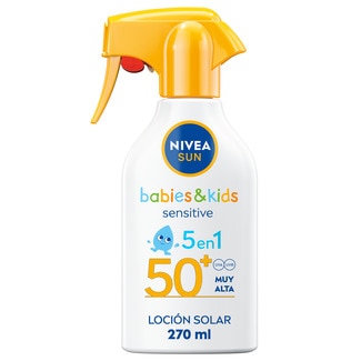 Babies & Kids Sensitive 5 en 1 leche solar SPF-50+ pistola 270 ml para piel sensible, extra resistente al agua - Nivea Sun