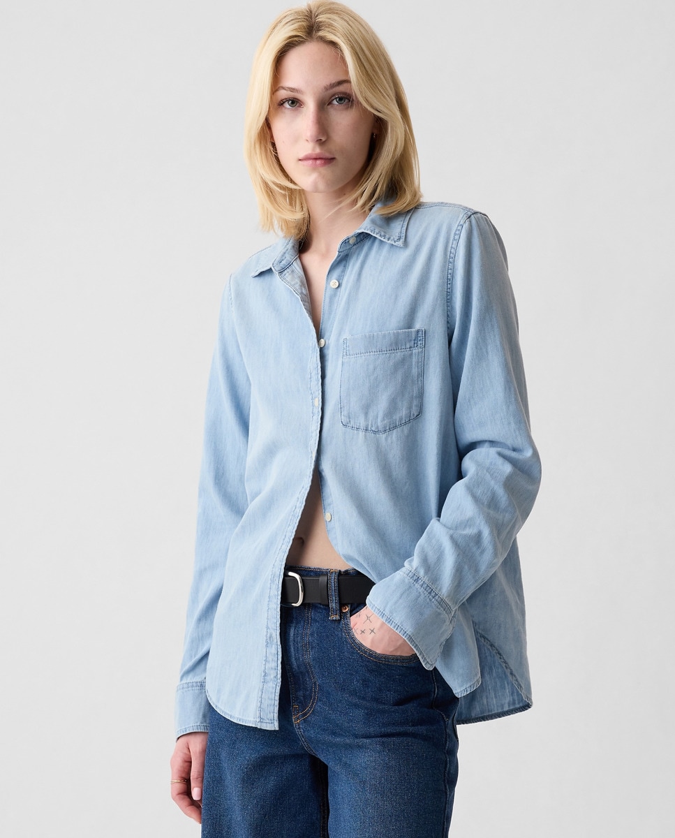 Camisa de ganga com manga comprida Azul-claro-1