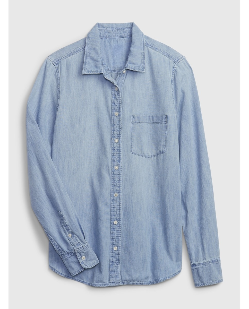 Camisa de ganga com manga comprida Azul-claro-4