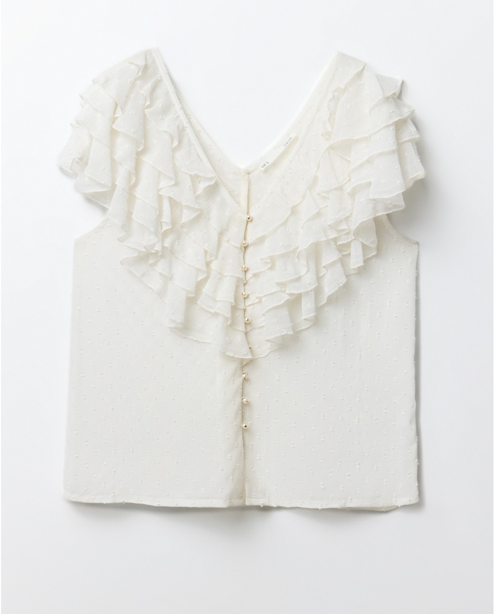 Blusa de plumeti com folhos Creme-6