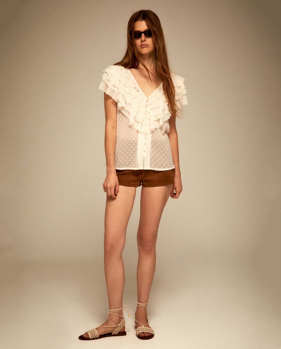 Blusa de plumeti com folhos Creme-1