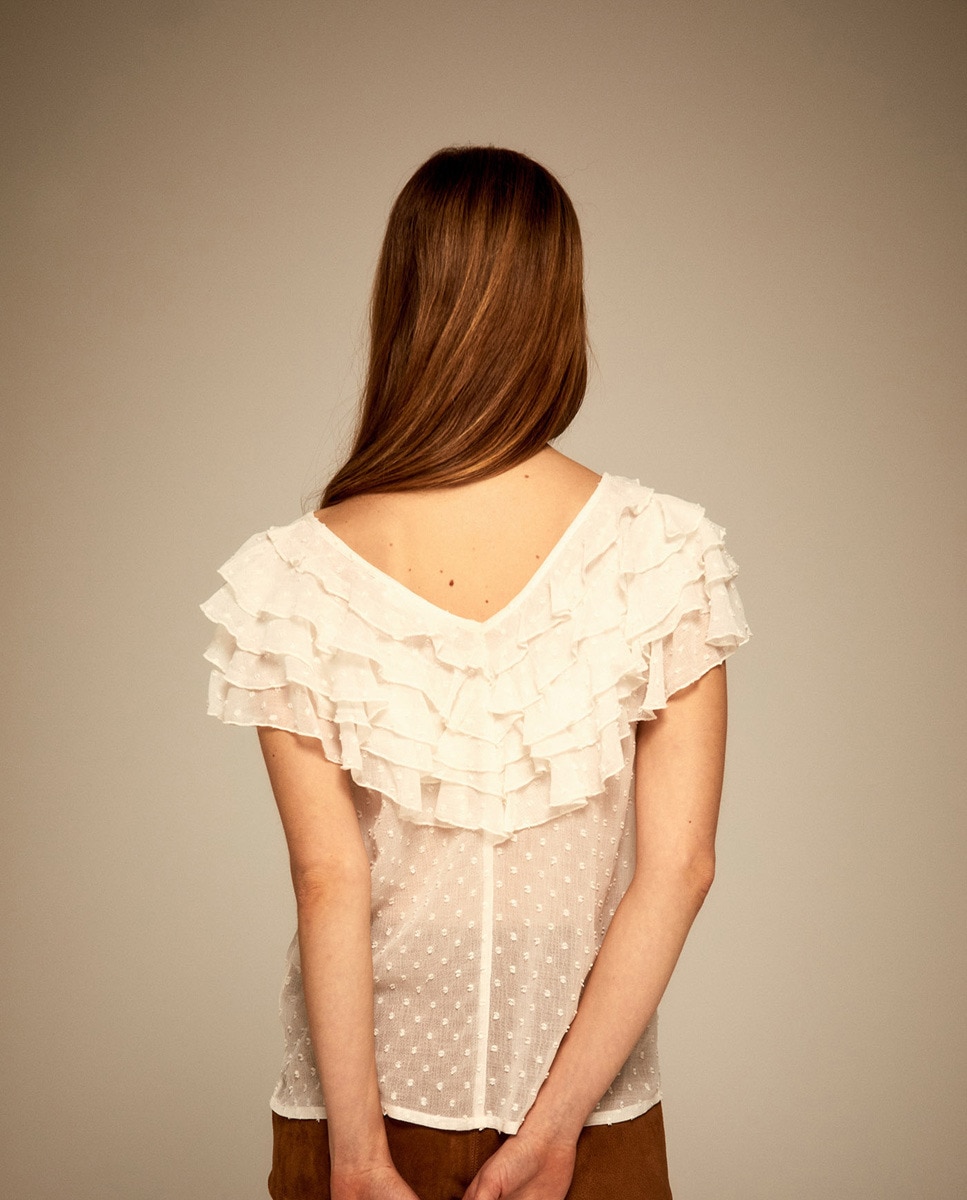 Blusa de plumeti com folhos Creme-5