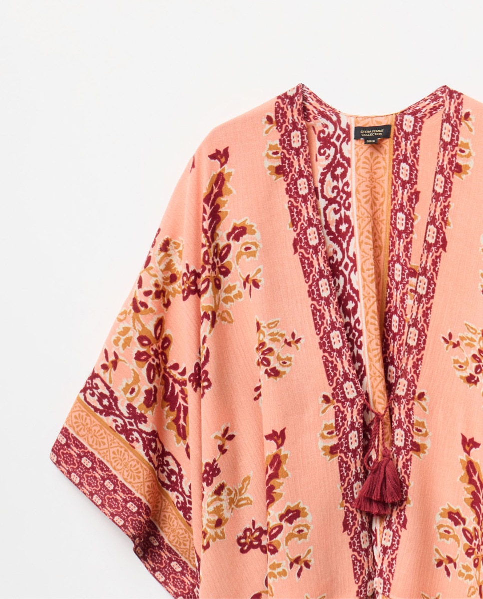 Kimono Ondulado com Borlas Salmão-2