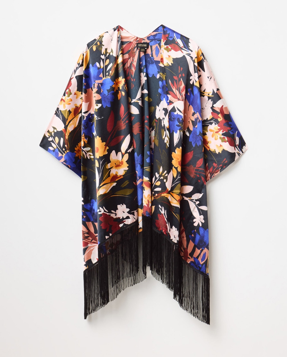 Kimono com Estampado Floral e Franjas Preto Multicolor-1