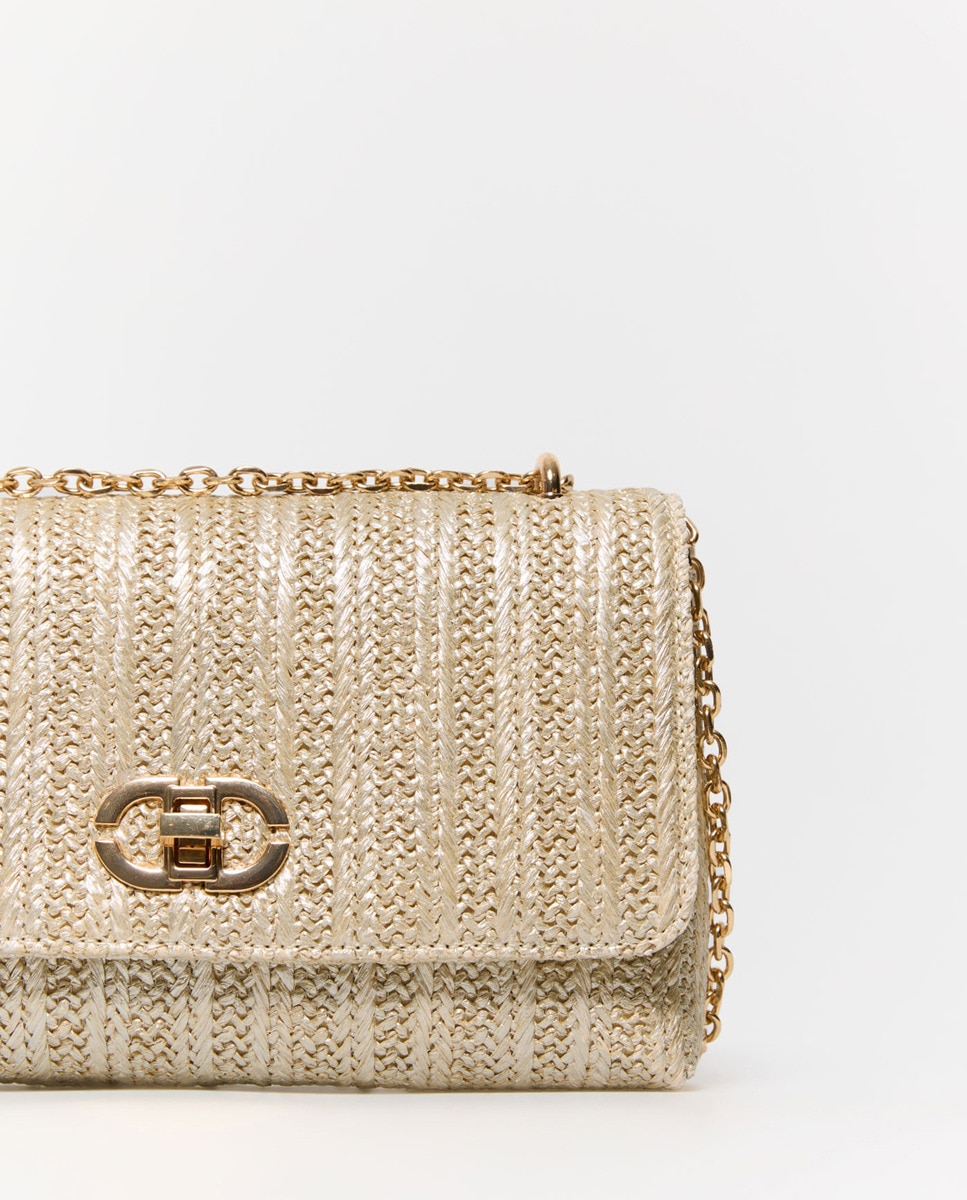 Mala Crossbody de Ráfia com Corrente Ouro-2