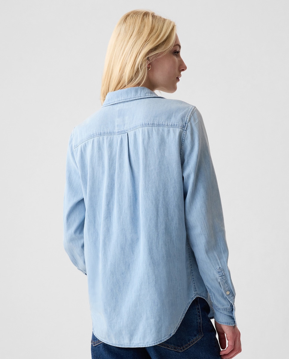 Camisa de ganga com manga comprida Azul-claro-2