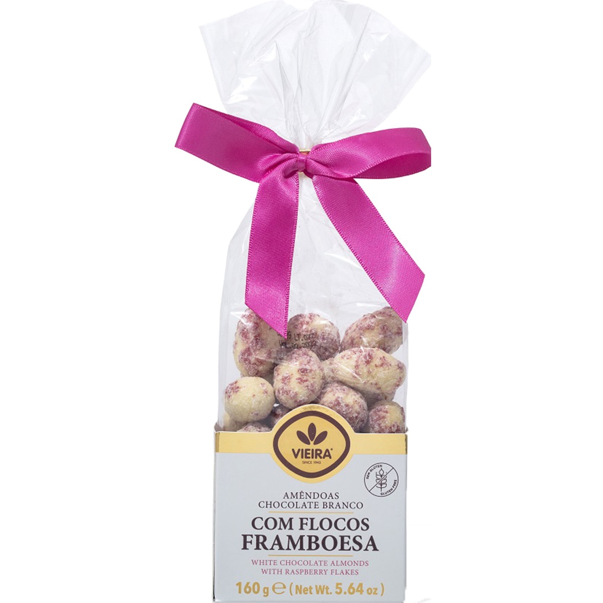 Amêndoas Cobertas de Chocolate Branco com Framboesa embalagem 175 g