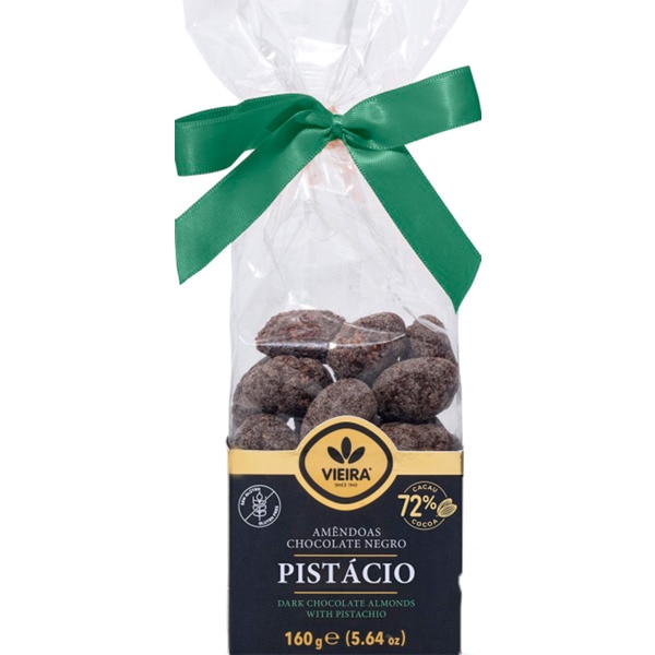 Amêndoas Cobertas de Chocolate Negro e Pistacho embalagem 160 g
