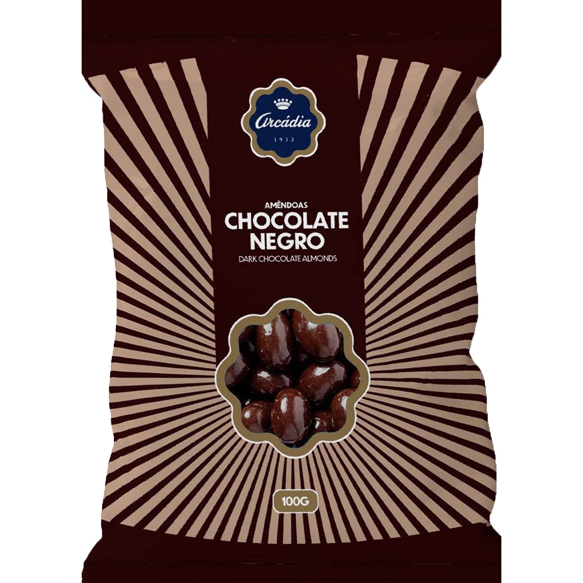 Amêndoas Cobertas de Chocolate Negro embalagem 100 g