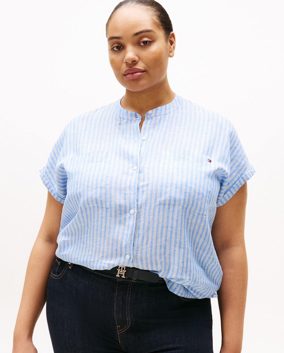 Blusa de manga curta com bolsos Azul-claro-1