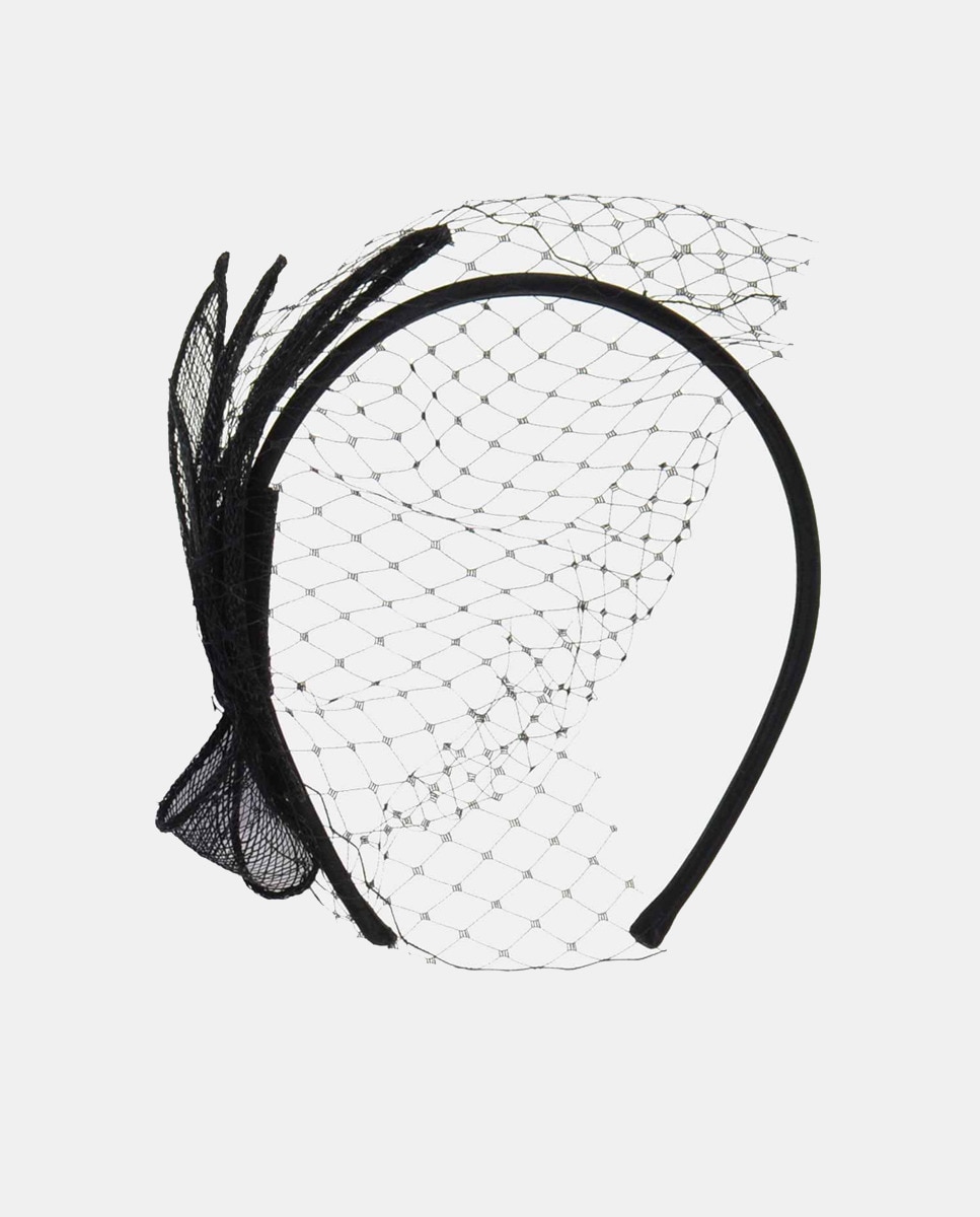 Toucado com Folhas de Palmeira de Sinamay e Véu Preto-1