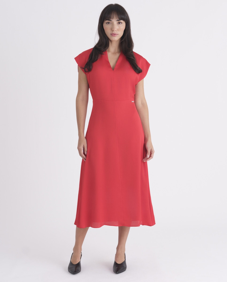 Vestido Acetinado com Manga Curta Vermelho-1