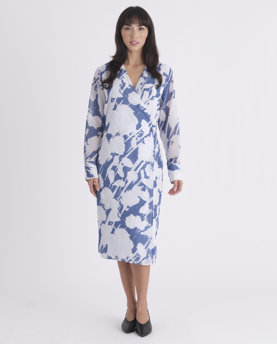 Vestido Cruzado com Estampado Azul-1