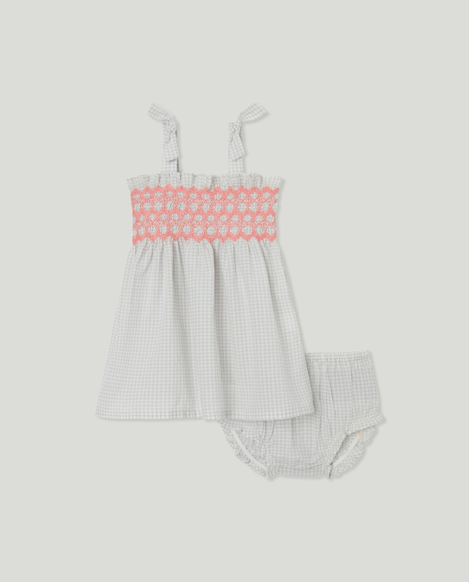 Vestido bebé niña smock bordado a contraste Gris-1