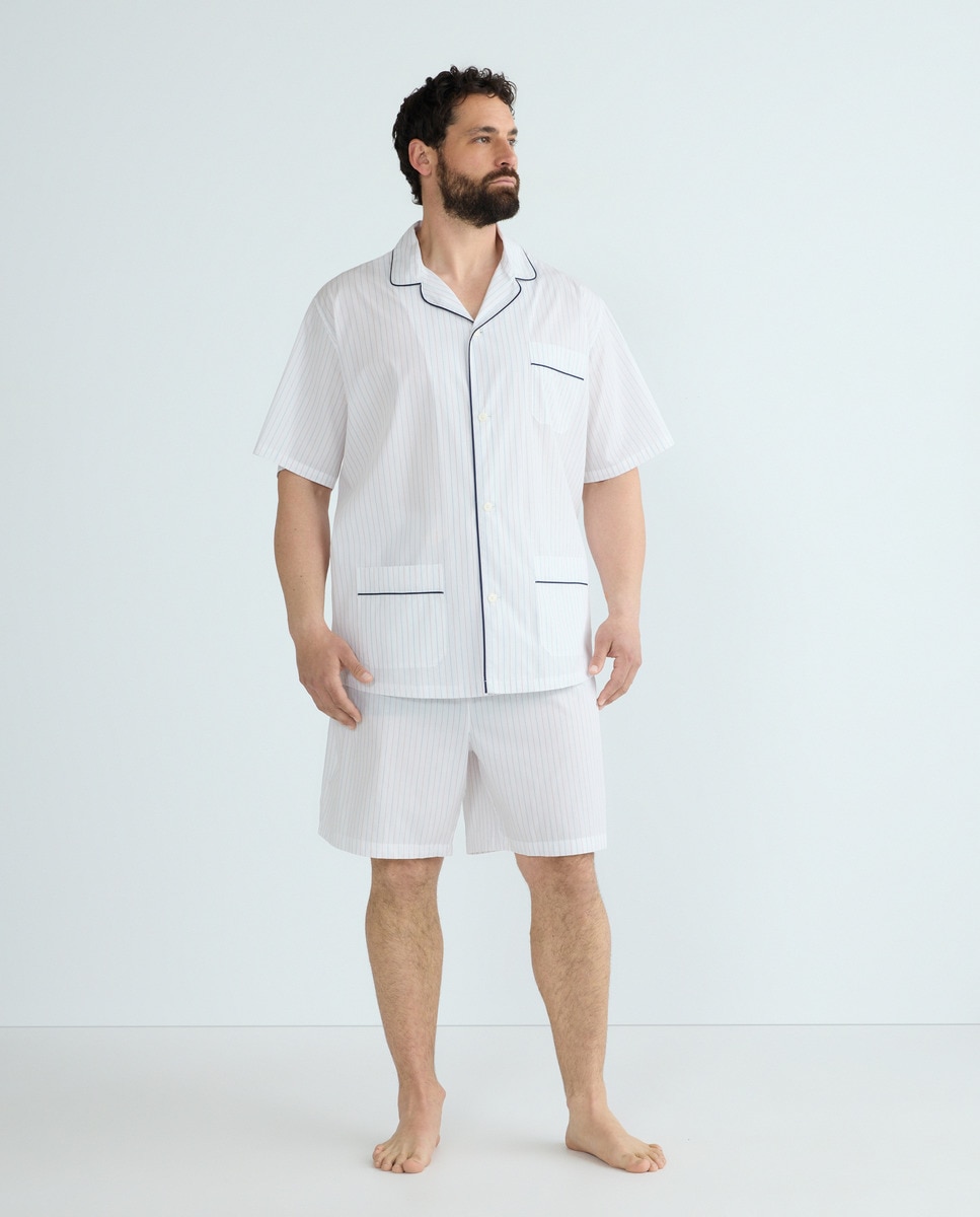 Pijama Curto em Popelina às Riscas Branco-1