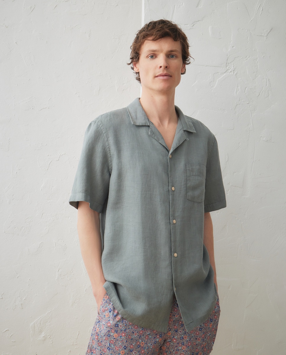 Camisa de Manga Curta em Linho Verde Água-1