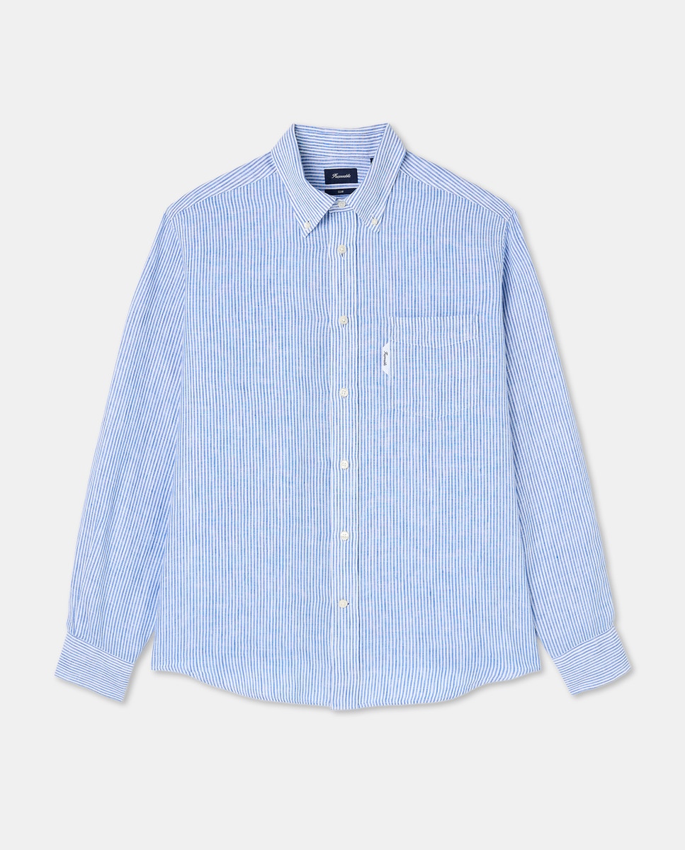 Camisa de Linho Regular Fit às Riscas Bengal Azul-5
