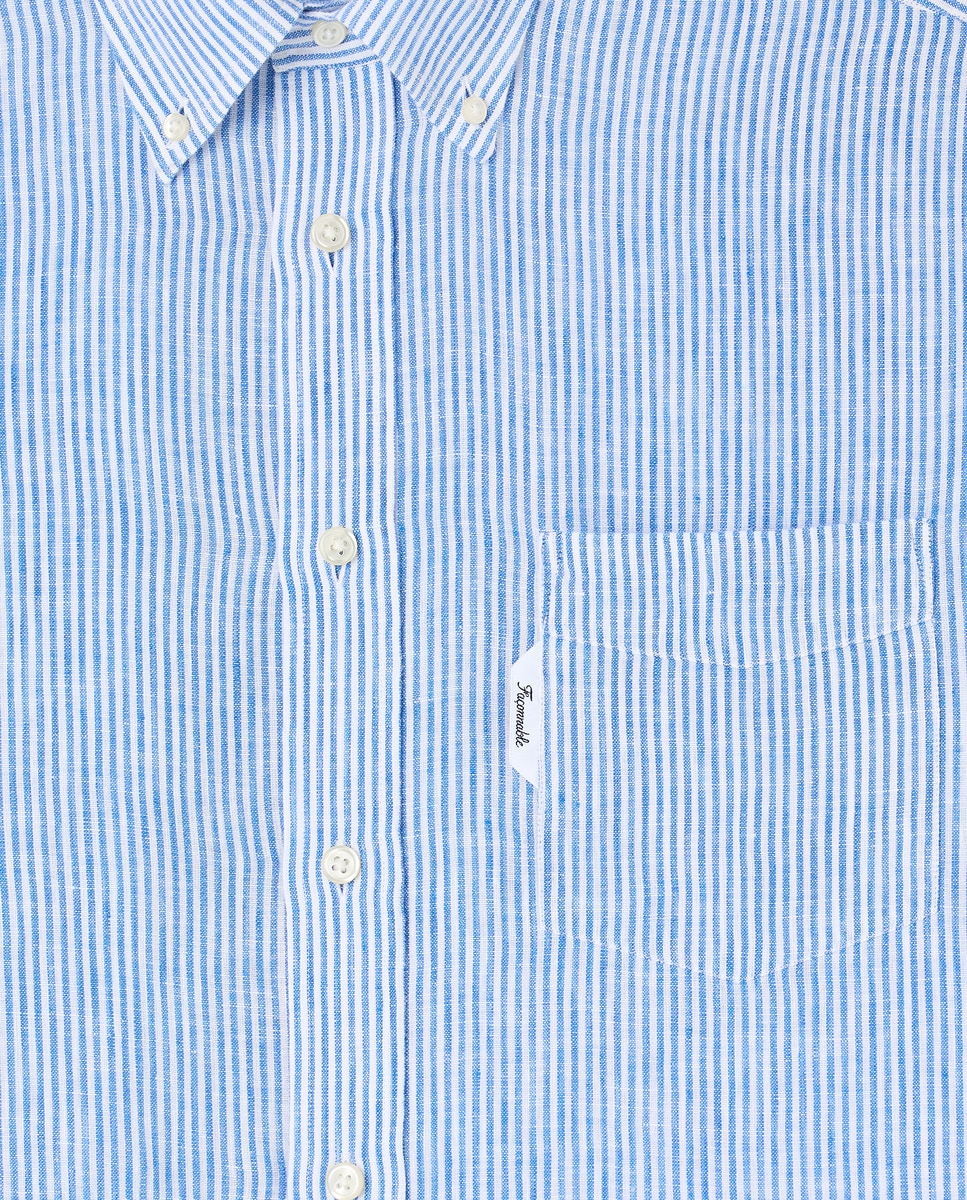 Camisa de Linho Regular Fit às Riscas Bengal Azul-6