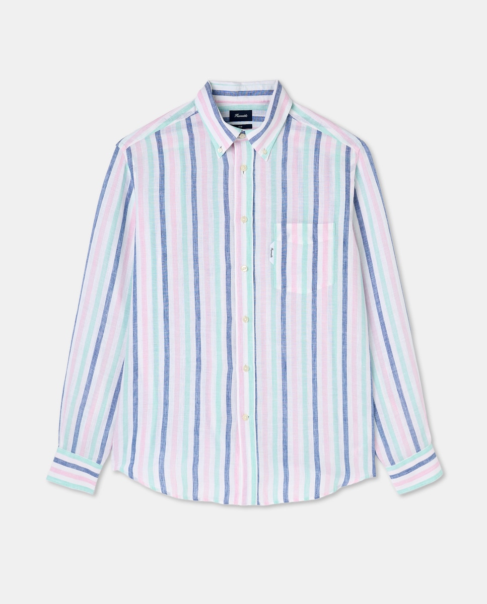 Camisa Regular Fit de Linho às Riscas Largas Multicolor-5