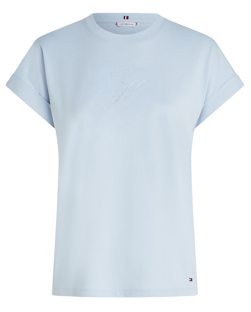 T-shirt de Manga Curta com Logótipo Atonal Bordado Azul-claro-1