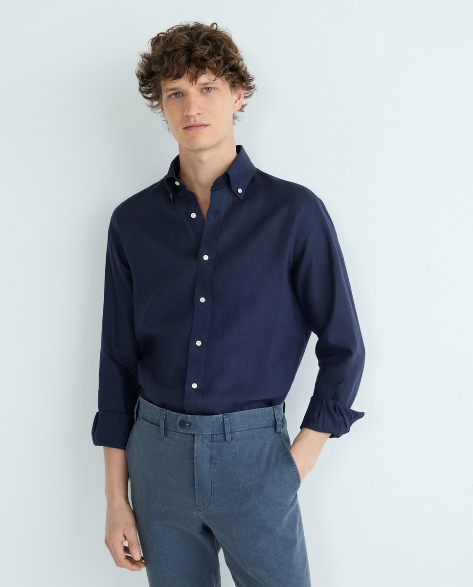 Camisa Casual Lisa de Linho com Manga Comprida Azul-marinho-1