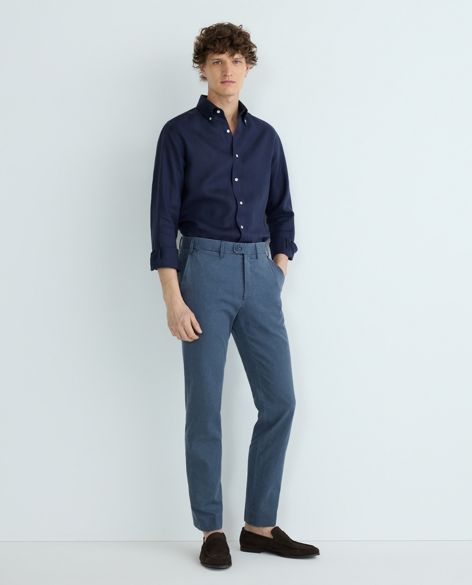 Camisa Casual Lisa de Linho com Manga Comprida Azul-marinho-2