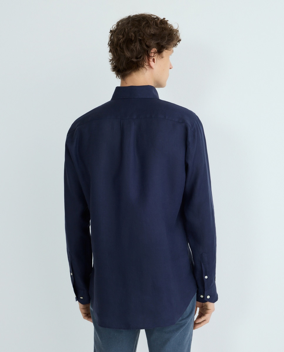 Camisa Casual Lisa de Linho com Manga Comprida Azul-marinho-3