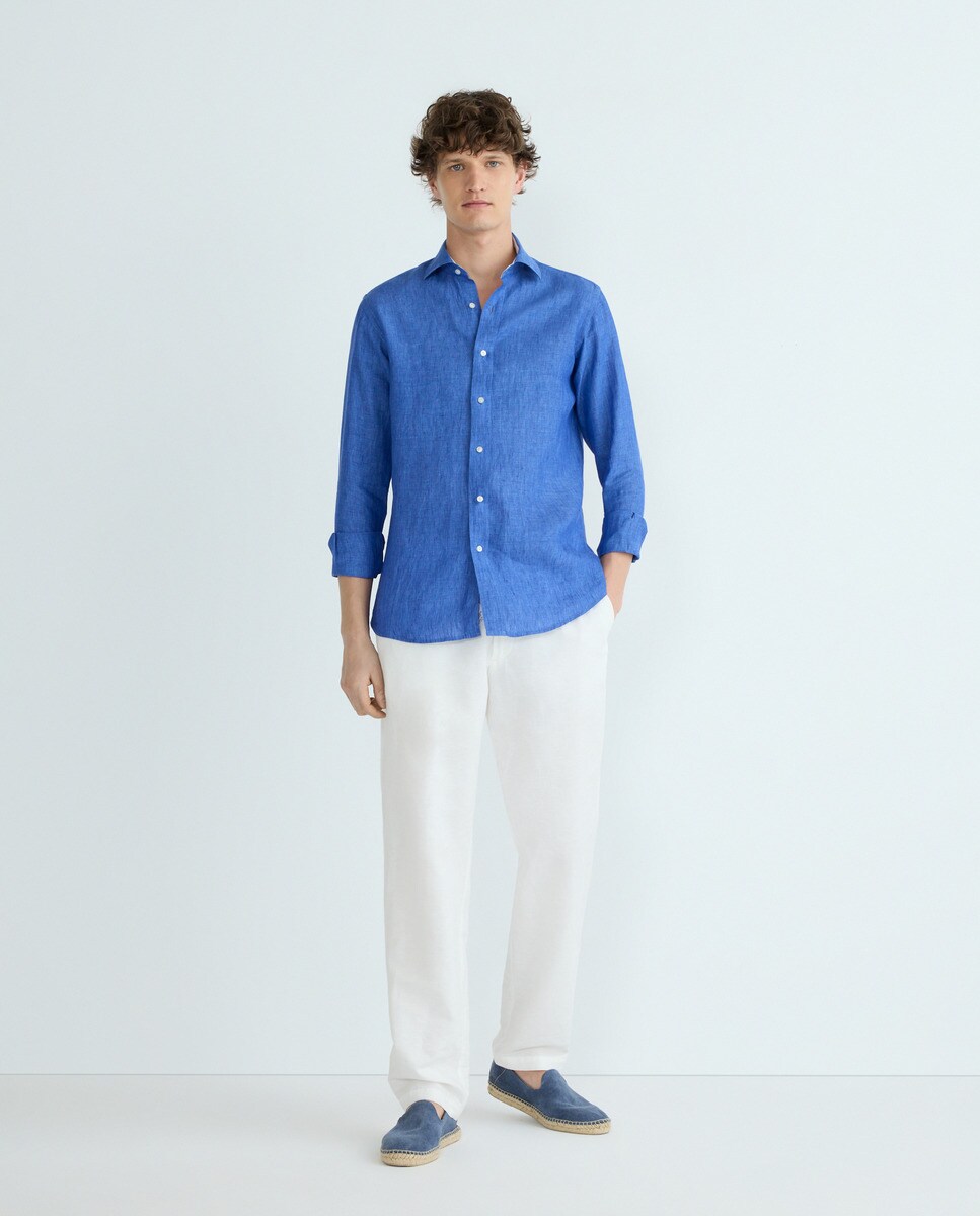 Camisa Casual com Manga Comprida e em Linho Azul-índigo-2