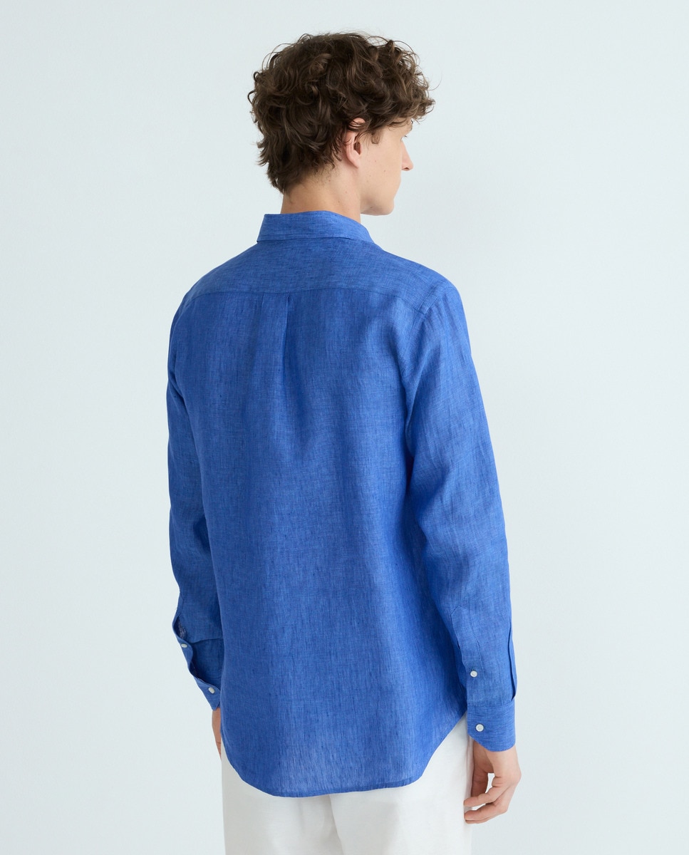Camisa Casual com Manga Comprida e em Linho Azul-índigo-3