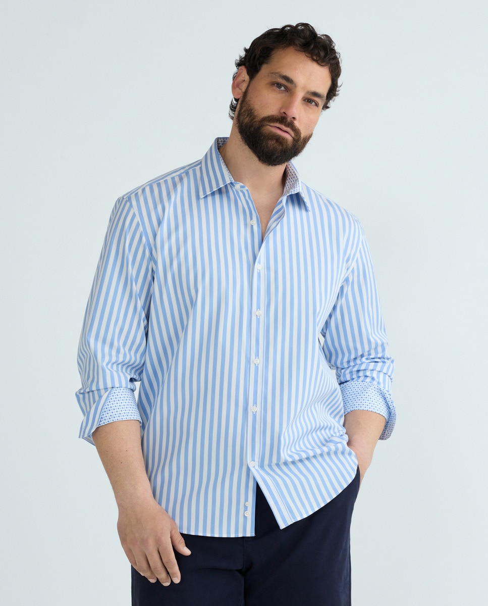 Camisa Tamanhos Grandes de Algodão às Riscas com Manga Comprida Multicolor-2