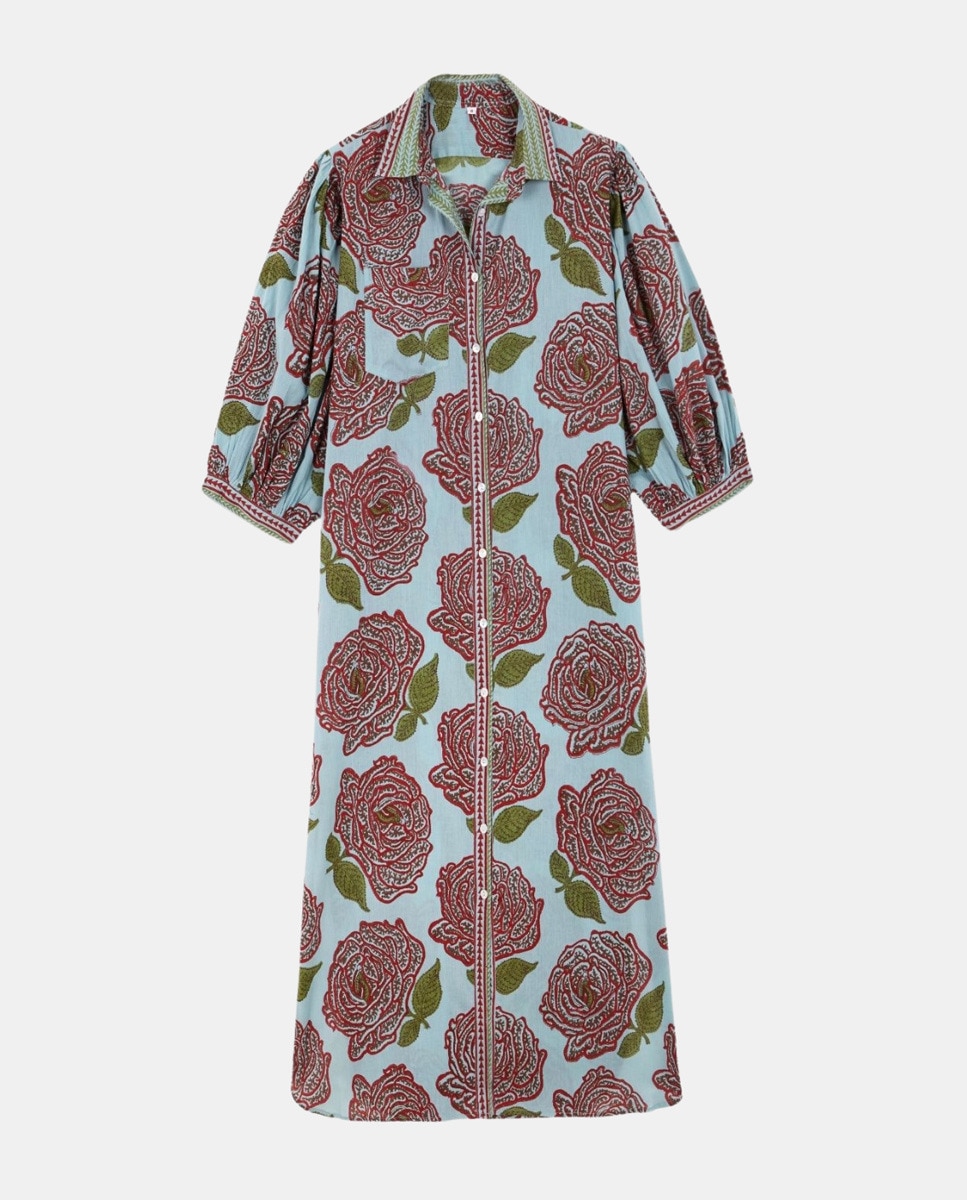 Vestido Camiseiro Andros com Rosas Azul-claro-2