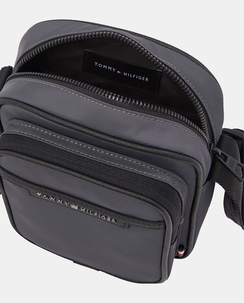 Mala a Tiracolo Estilo Mini Repórter de Poliéster Reciclado com Bolso Exterior Cinzento-5
