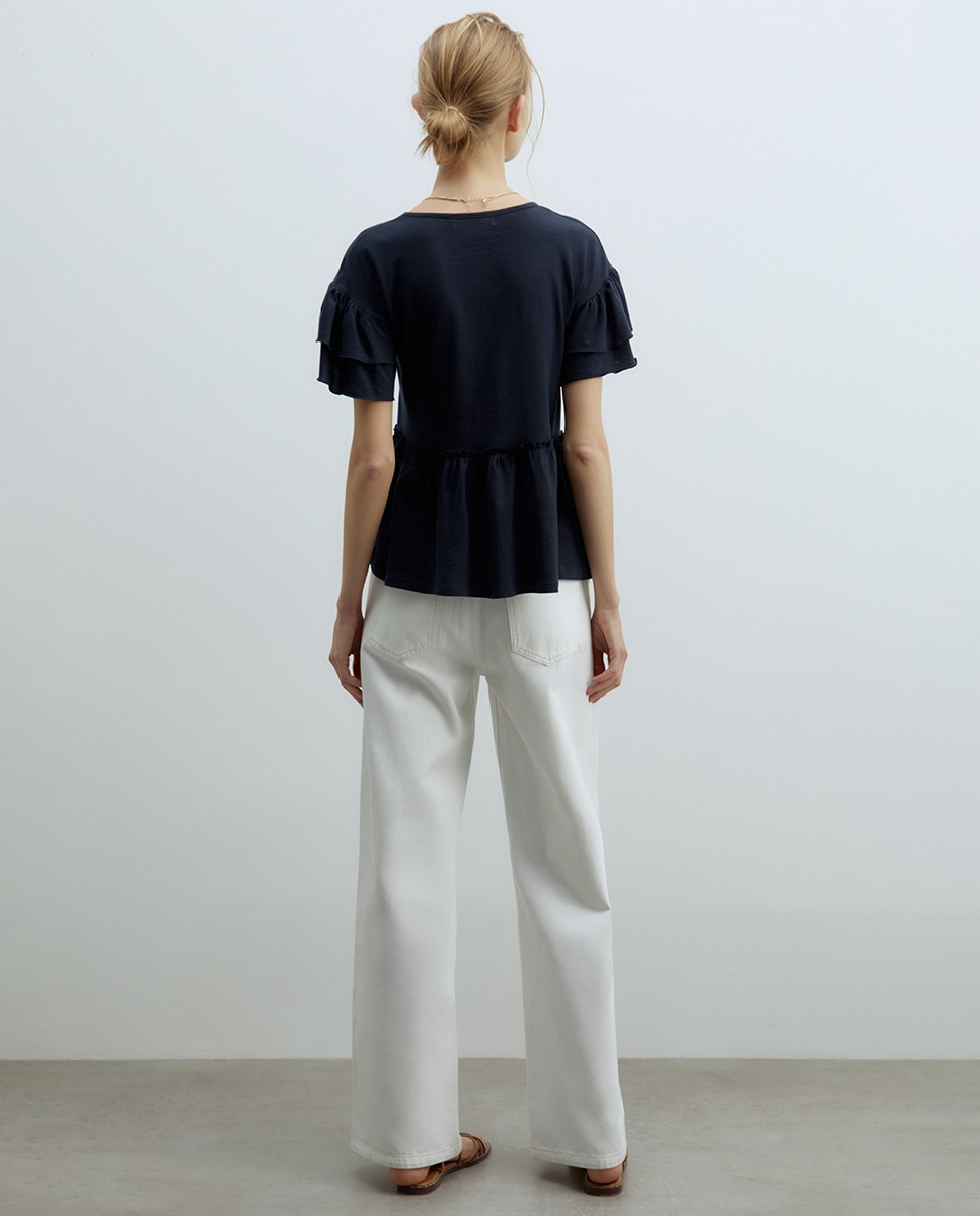 T-shirt Bordada com Folhos Azul-marinho-5