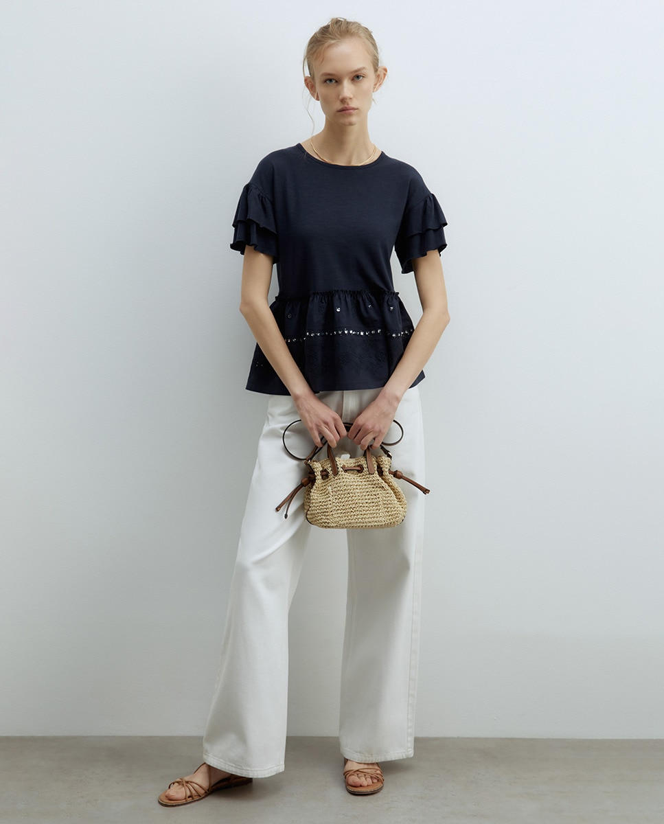 T-shirt Bordada com Folhos Azul-marinho-2