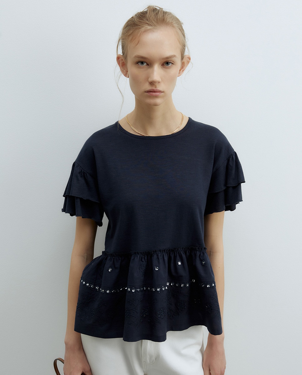 T-shirt Bordada com Folhos Azul-marinho-1