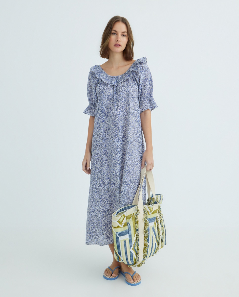 Kaftán con volante estampado Azul-1