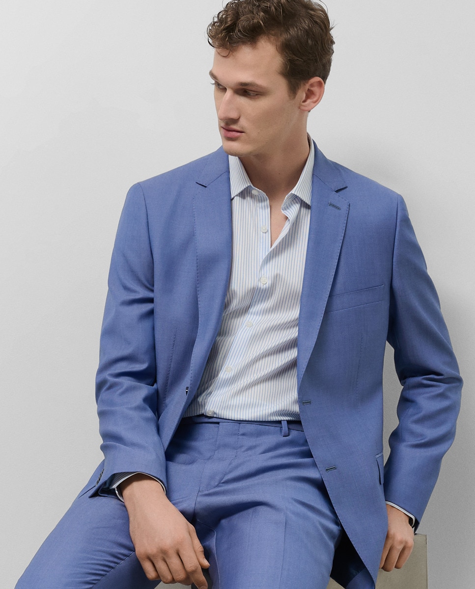 Fato Slim Fit Half Canvas com Falso Liso Turquesa-2