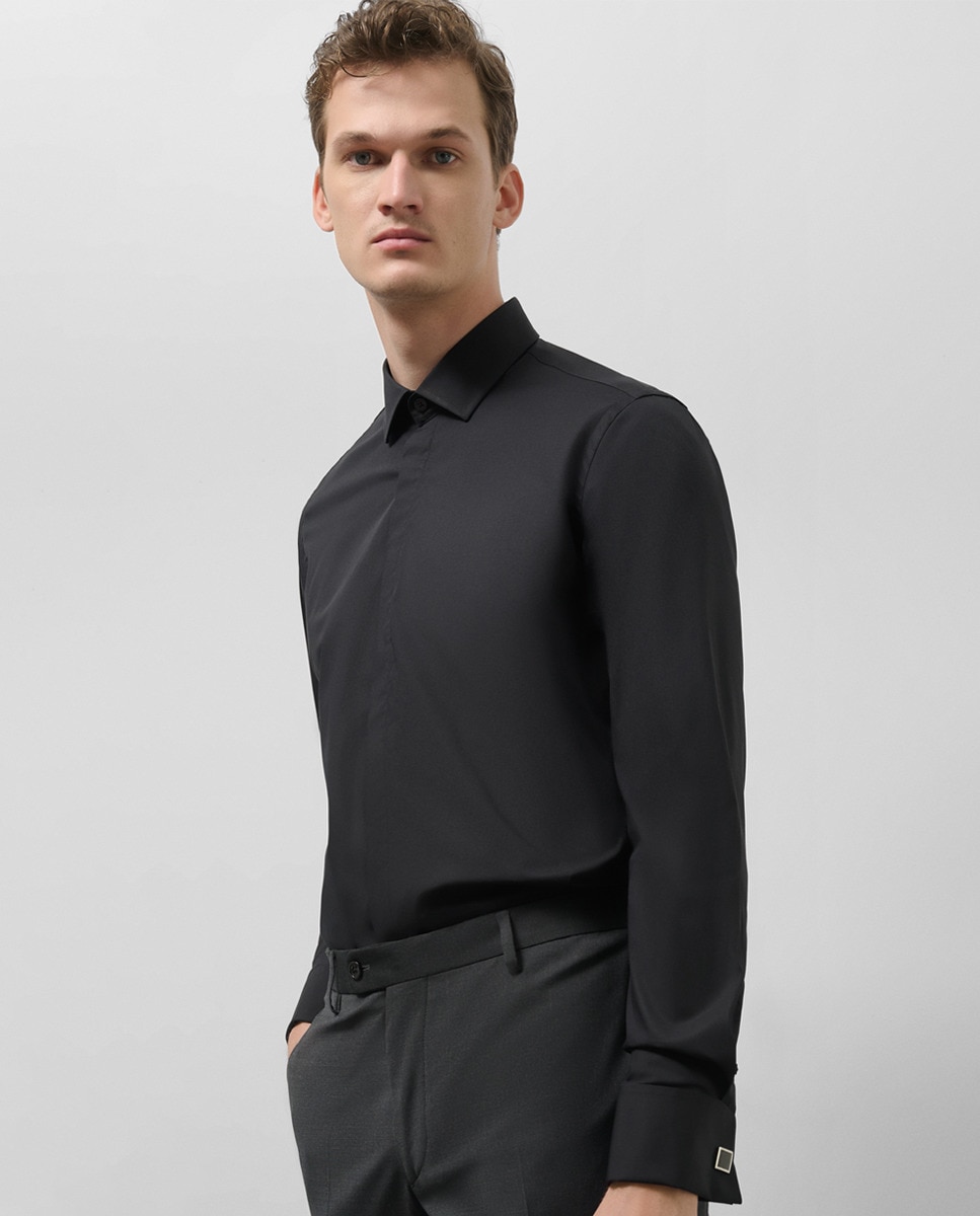 Camisa Formal Slim Fit com Botões de Punho Preto-1