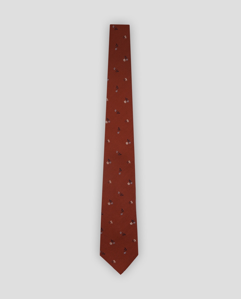 Gravata de Seda com Jacquard em Estampado Floral Vermelho-1