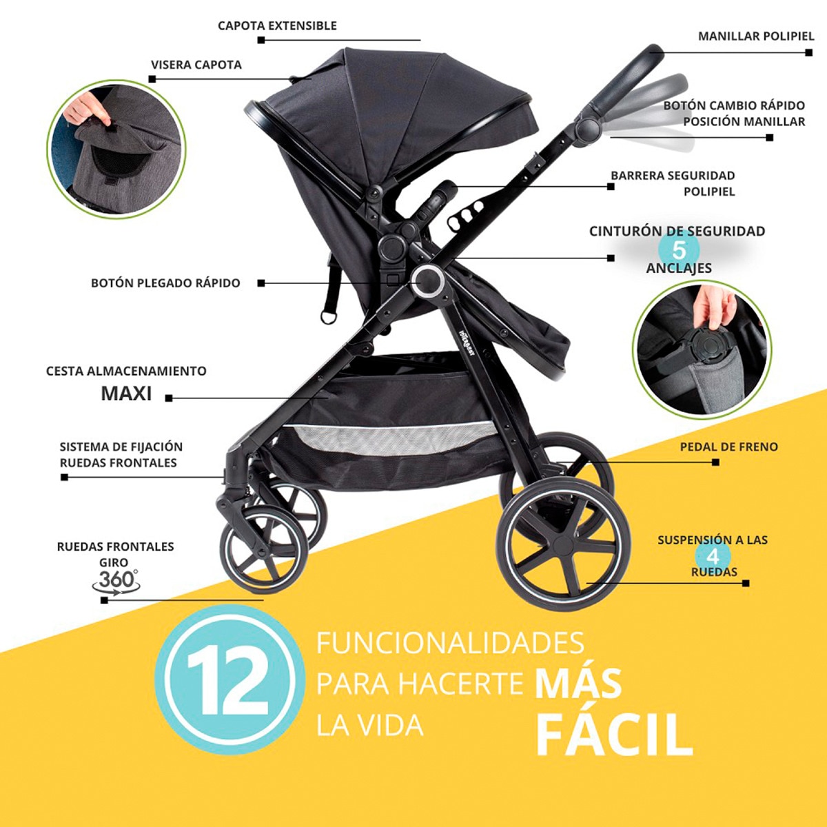 Carrito de bebé 2 en 1 Versa Negro-3