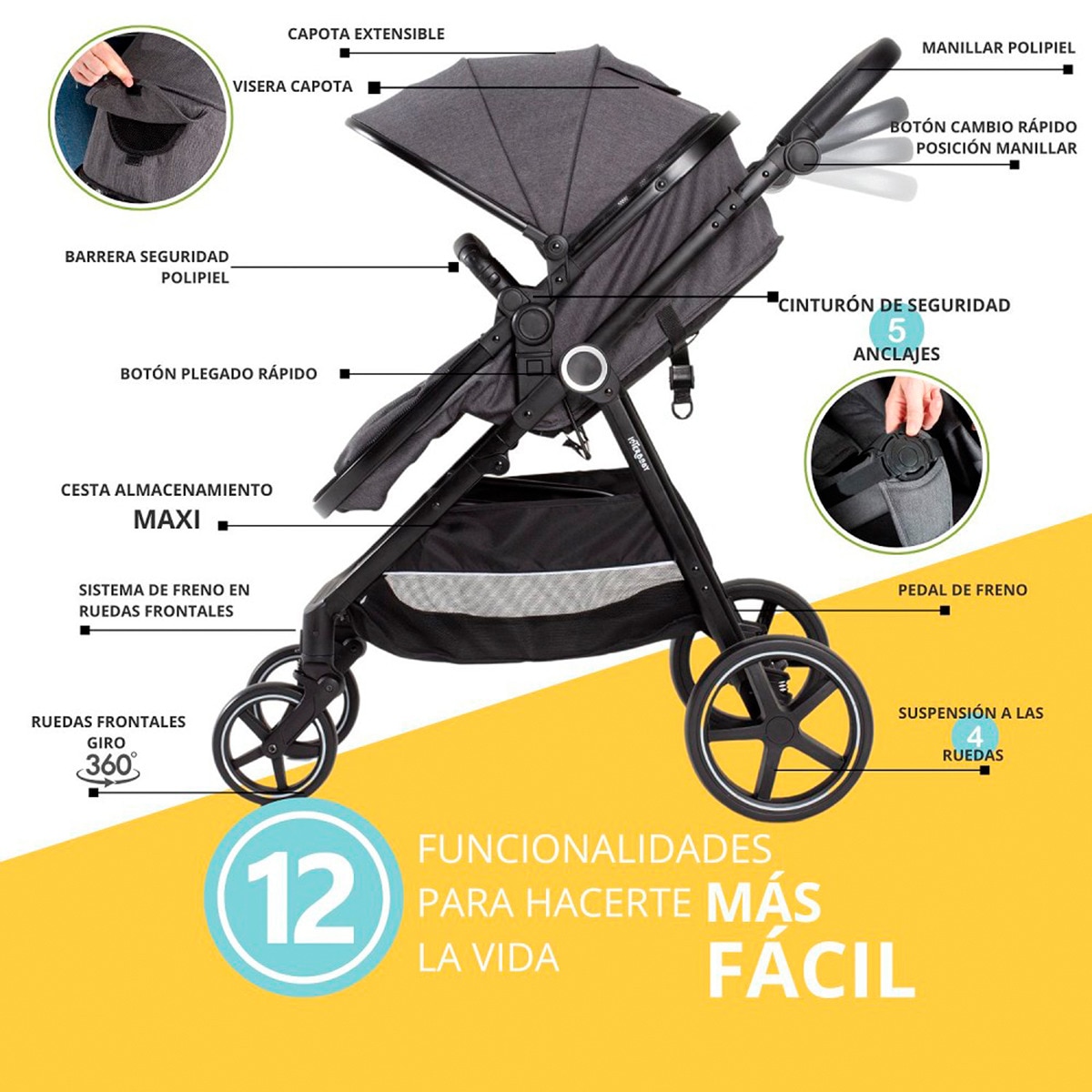 Carrito de bebé 2 en 1 Versa Gris-3